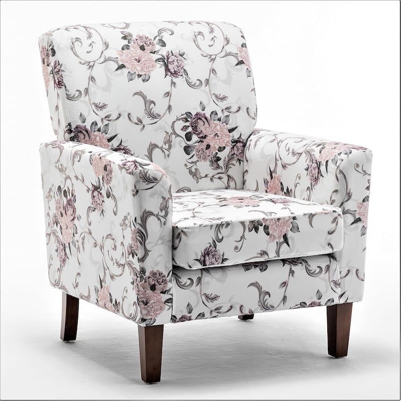Modern Accent Armchair with Birch Wood Frame and Microfiber Upholstery - Flower White
