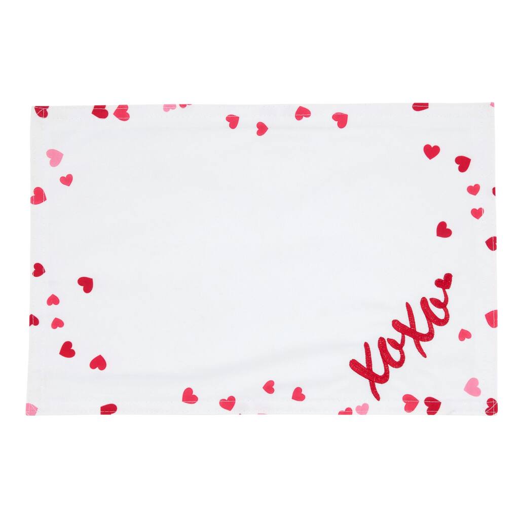 XOXO Heart Scatter Placemats (Set of 4) - Embroidered Script with Printed Heart Border, 12"x18"