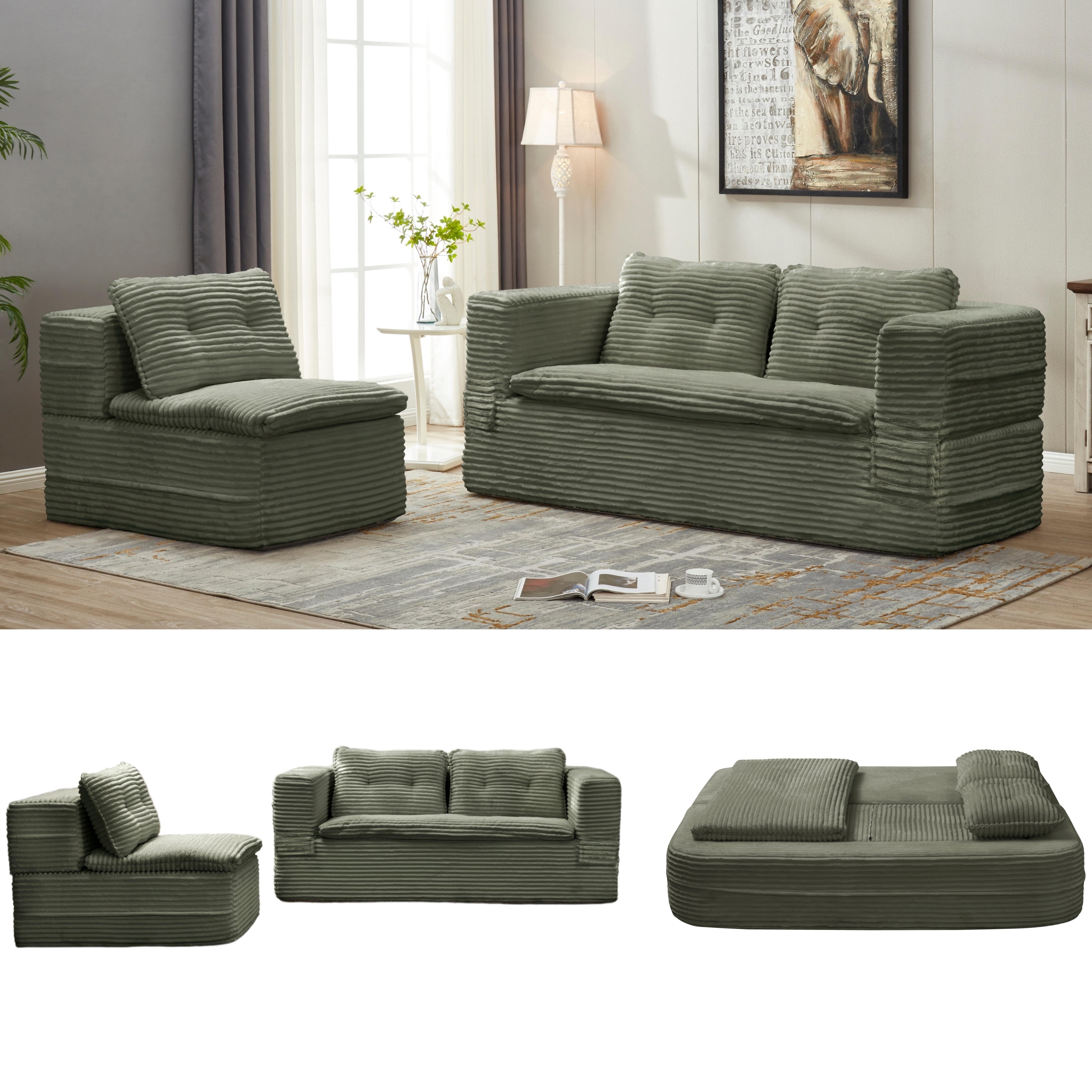 Sleeper Sofa with Chaise Lounge, Convertible Sectional Couch Bed, Corduroy 3-Seat Sofa, Folding Boneless Couch