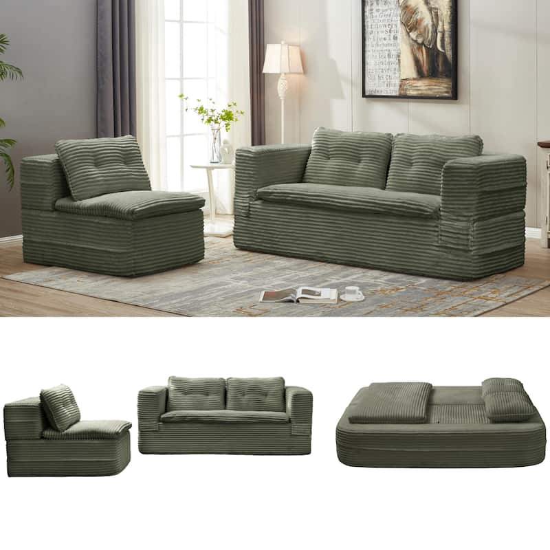 Sleeper Sofa with Chaise Lounge, Convertible Sectional Couch Bed, Corduroy 3-Seat Sofa, Folding Boneless Couch - Green
