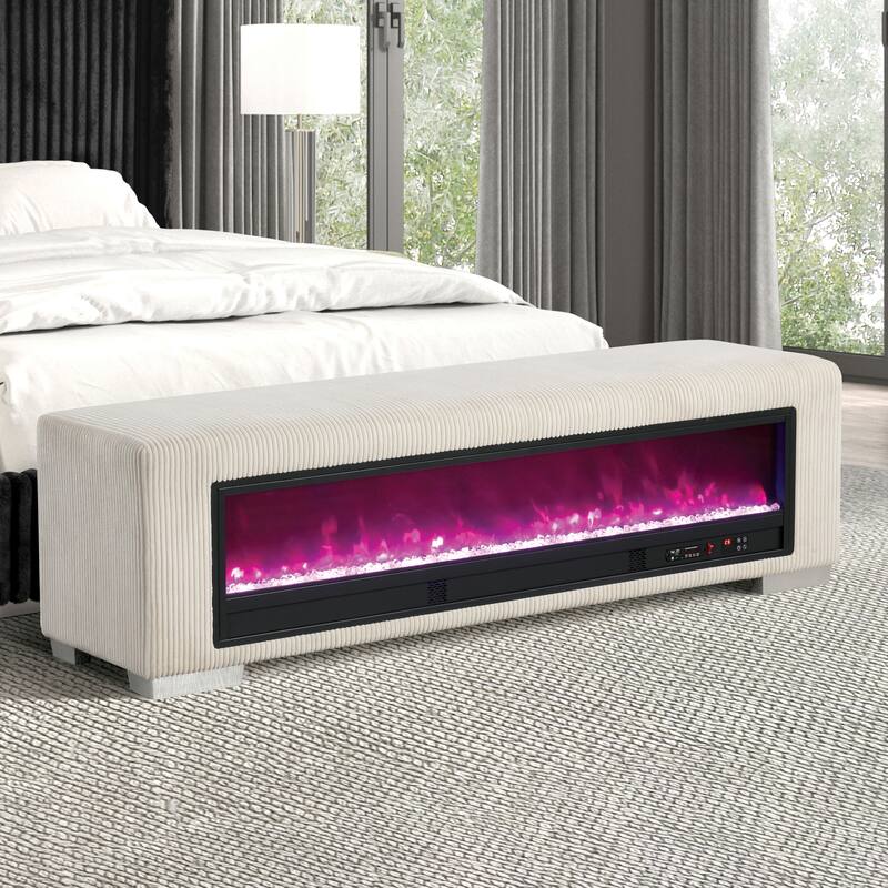Furniture of America Goffney Chenille Bench with Fireplace Simulator and Bluetooth Audio - Beige