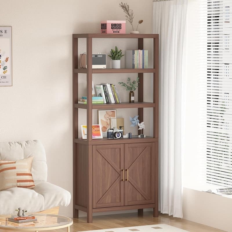 71" Tall Wooden Bookshelf with Adjustable Shelves and Cabinet Door Storage Bookcase - Oak