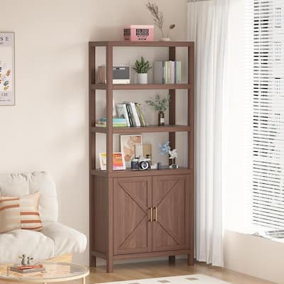71" Tall Wooden Bookshelf with Adjustable Shelves and Cabinet Door Storage Bookcase