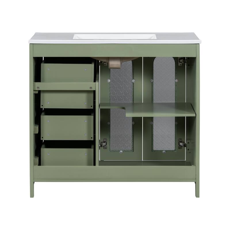 Bathroom Vanity with Ceramic Sink, Bathroom Cabinet with 2 Glass Door and 3 Drawers, Vanity Set with Adjustable Shelf