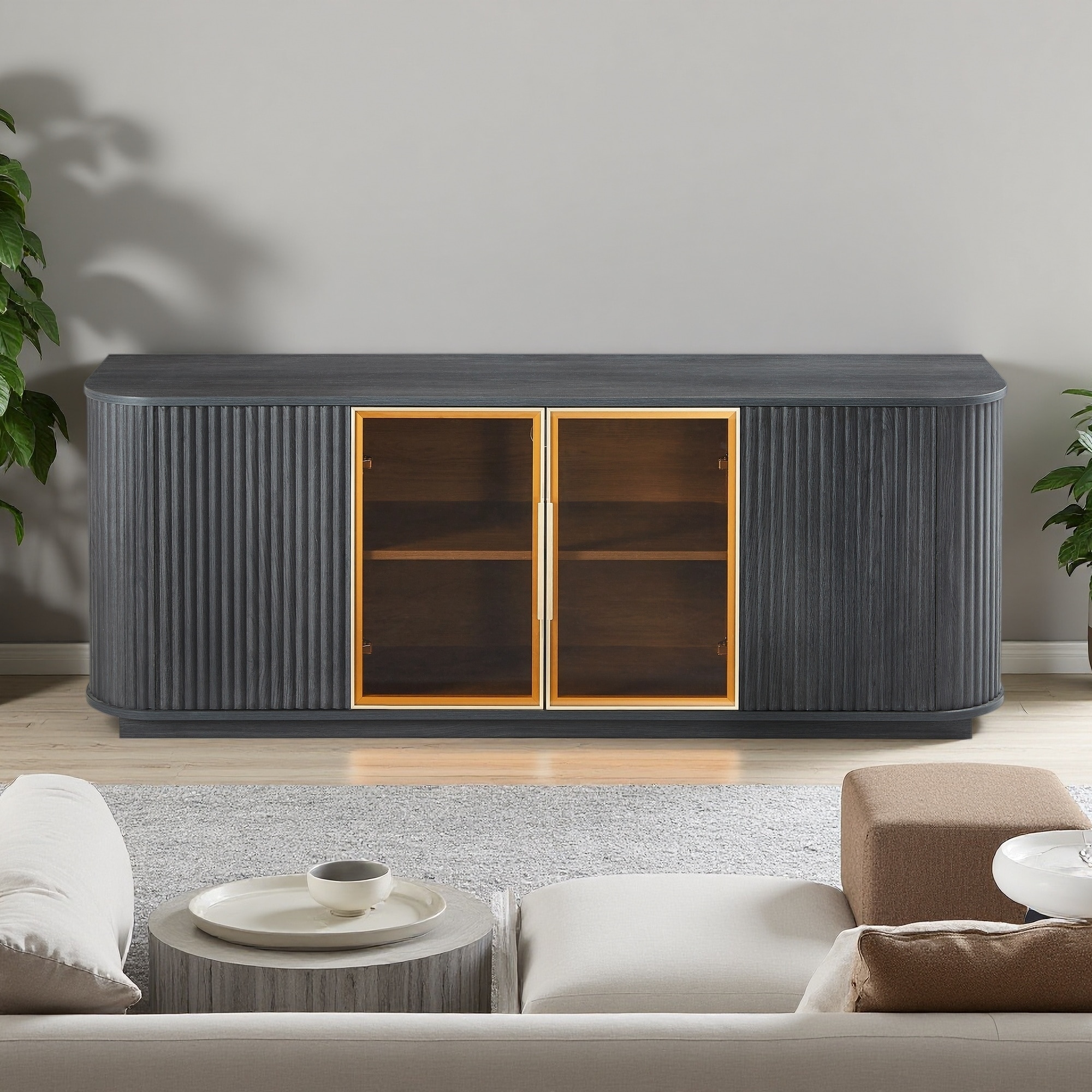 64" Wood TV Stand with Aluminum Frame, Pressed Spring Doors, LED Lighting