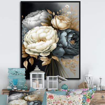 Designart "White, Blue And Grey Peony Bouquet III" Floral & Botanical Framed Canvas Art Print
