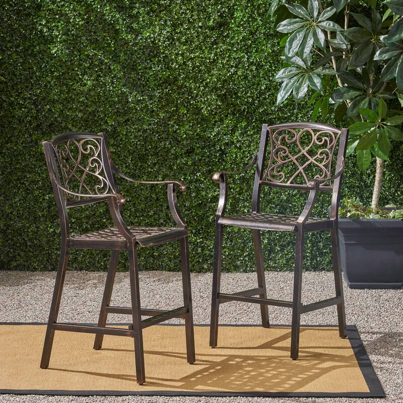 Roomfitters 2-Piece Outdoor Metal Bar Stools, Cast Aluminum Patio Dining Chairs with Ornate Scrollwork Backrest, Copper