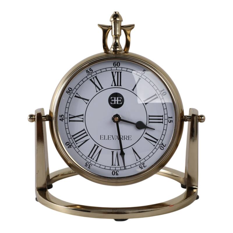 Metal Glass Desk Clock Roman Numerals Silent Movement and Pivot Stand - 9" x 9" x 10"