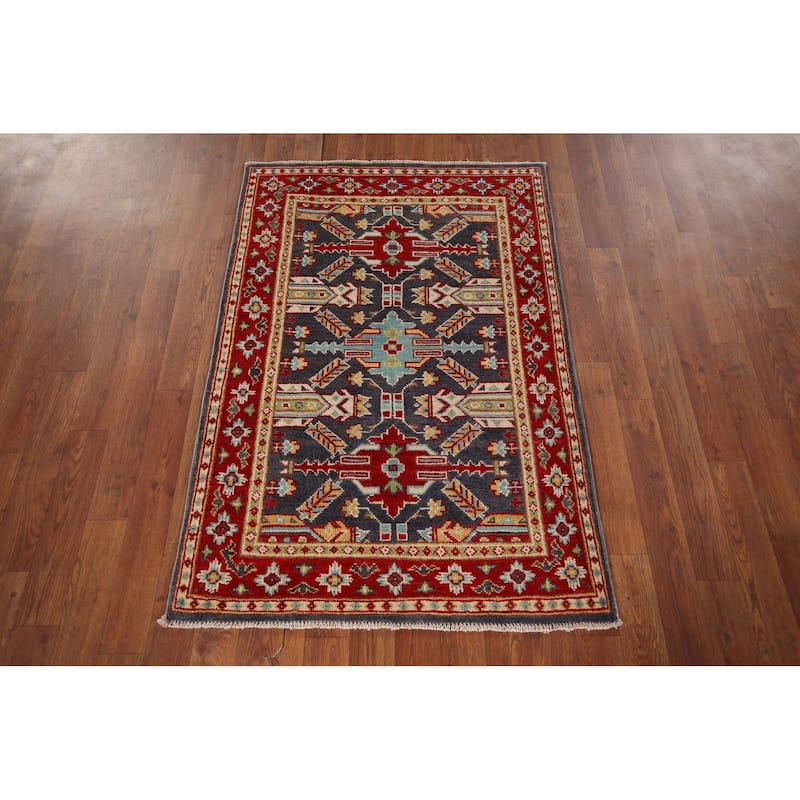 Geometric Kazak Accent Rug Hand-Knotted Blue Wool Carpet - 2'9" x 4'1"