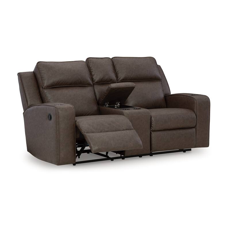 Livie Manual Recliner Loveseat, Console Brown Gray Faux Leather 77in