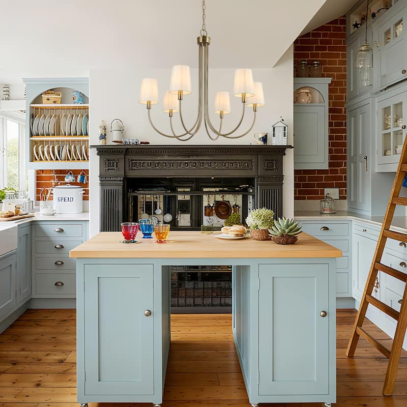 Mid-Century Modern Gold 6-Light French Chandelier Fabric Pendant Lights for Dining Room