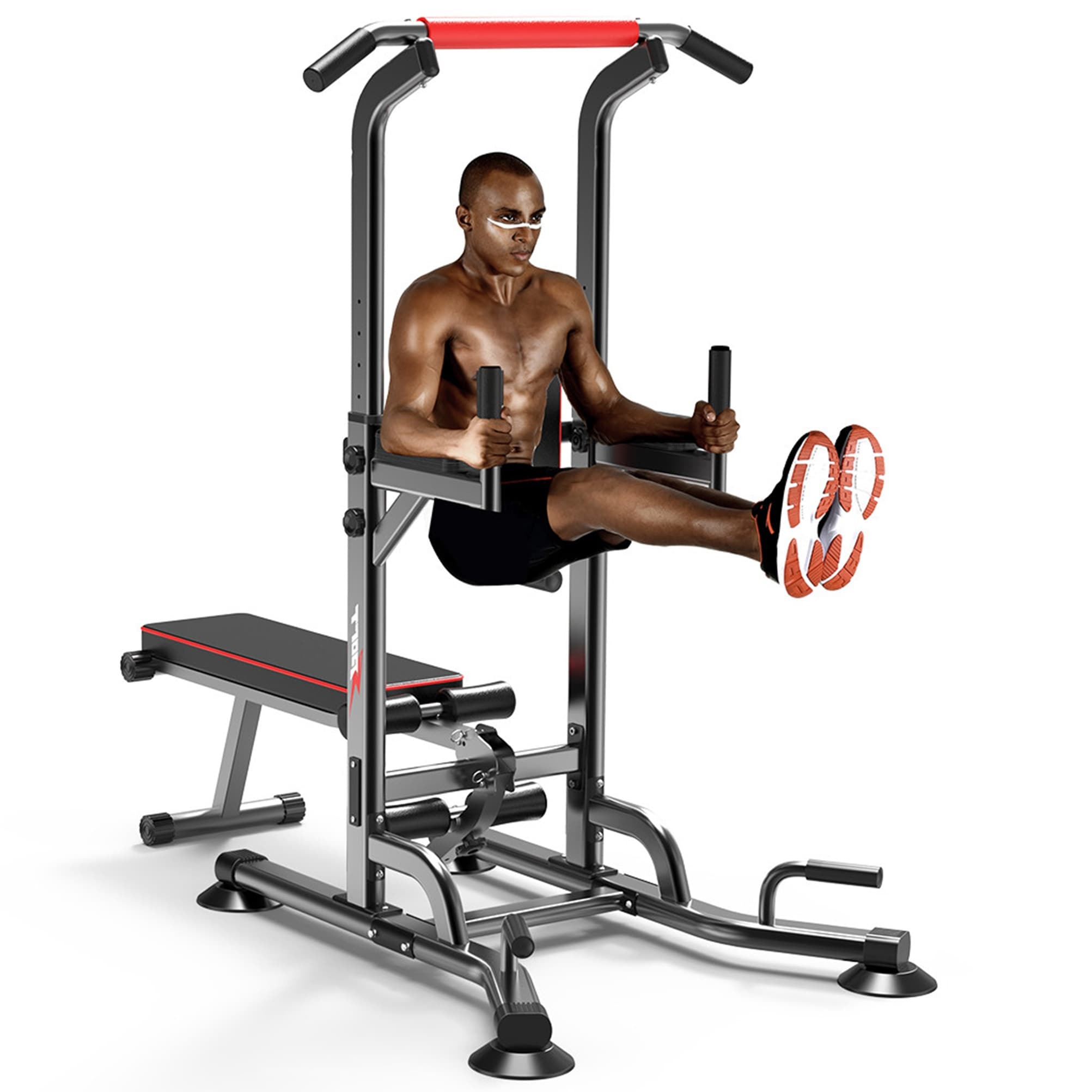 Power Tower Dip Station Height Adjustable Weight Bench Multi functional Workout Sit up Push up Pull Up Bar Orange