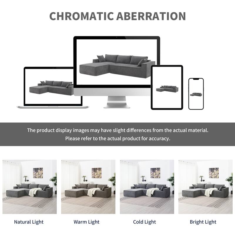 Grey 111.5" L-Shaped 4-Seat Modular Sofa with Chaise, 2 Pillows, Wrinkle-Resistant Chenille, and All-Sponge Construction