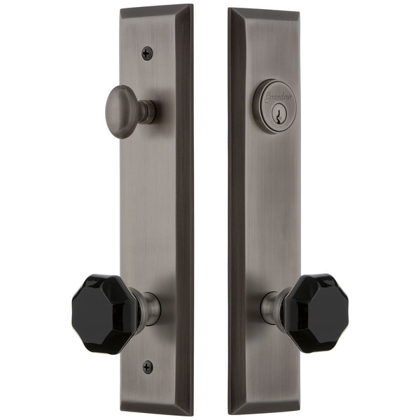 Grandeur FAVLYO_TP_ESET_234 Fifth Avenue Solid Brass Rose Tall Plate Single Cylinder Keyed Entry Door Knob Set with Lyon Knob