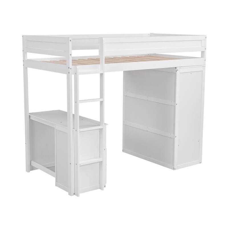 Merax Wood Loft Bed with Wardrobes and 2-Drawer Desk with Cabinet