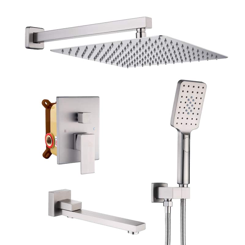 1-Handle 3-Spray Pattern 12 in. Wall Mount Shower Set Shower Head, Tub and Shower Faucet - 12 inch - Brushed Nickel