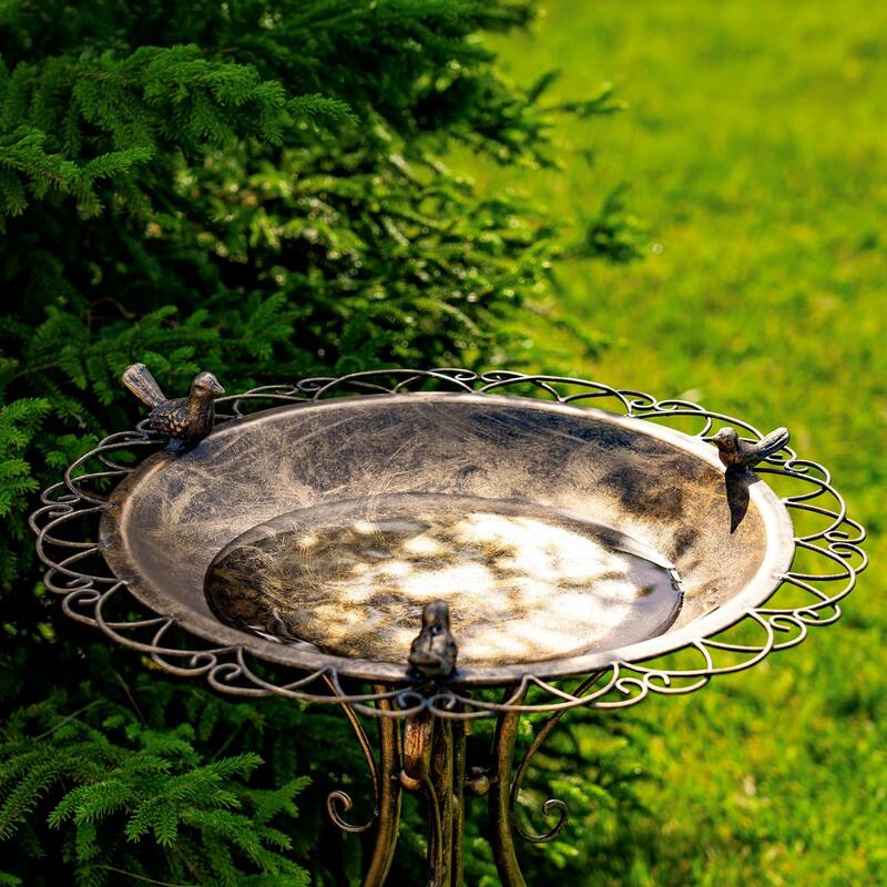 28.75" Tall Ornate Iron Birdbath with 3 Small Birds "Stephania"