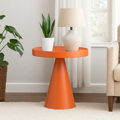 Plant Stand Table, 19 Inch Round Top Cone Pedestal Base, Orange Metal