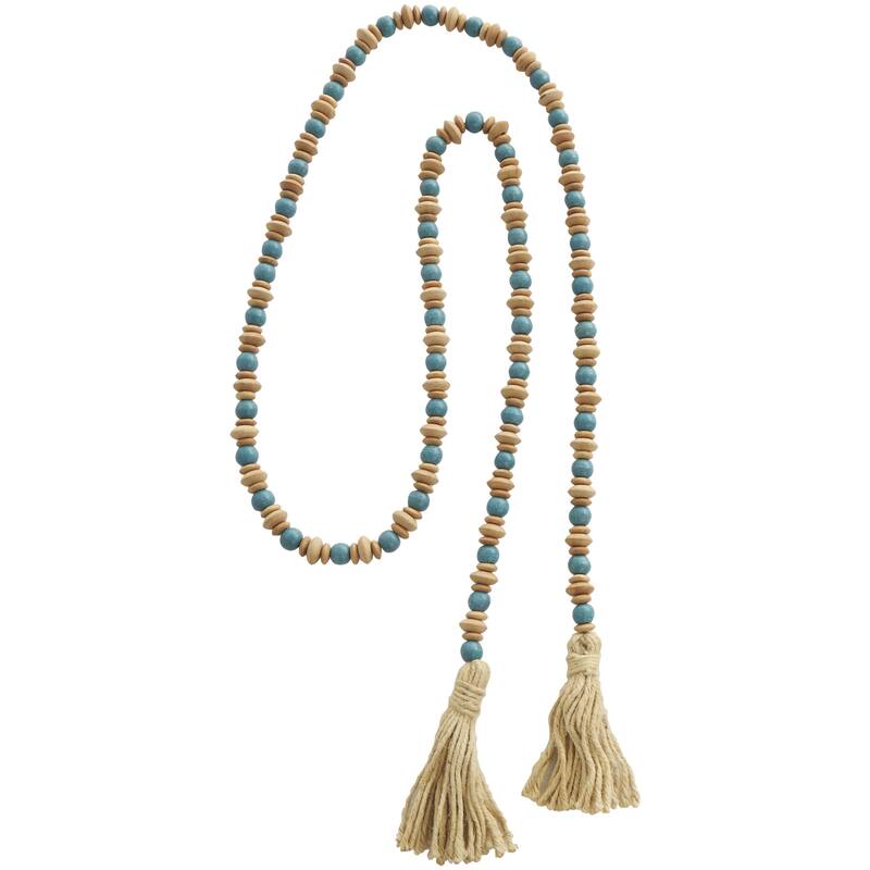 Mango Wood Handmade Round Long Carved Beaded Garland with Tassel with Brown Beaded Disks - Teal - Roche River Decor