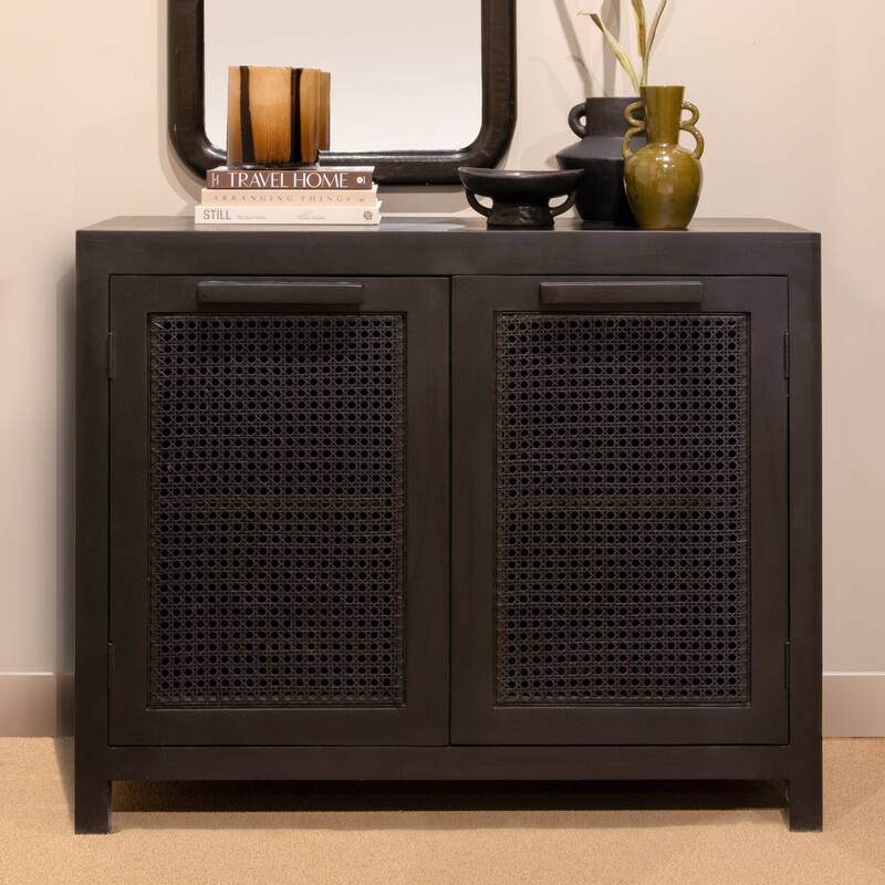 Mango Wood and Cane 2-Door Cabinet with 2 Shelves