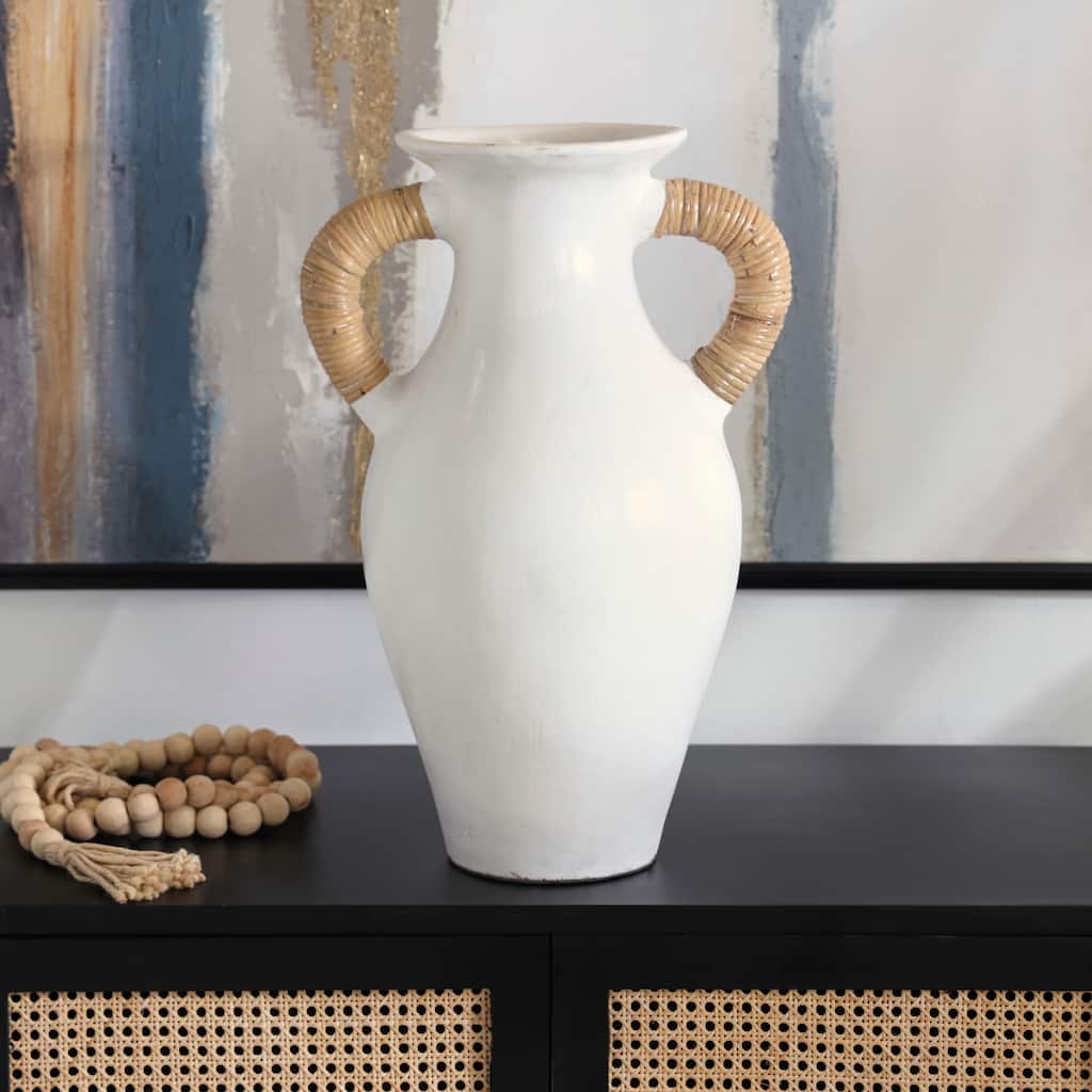 White Ceramic Jug Inspired Decorative Vase with Rattan Wrapped Handles - 14"W, 21"H