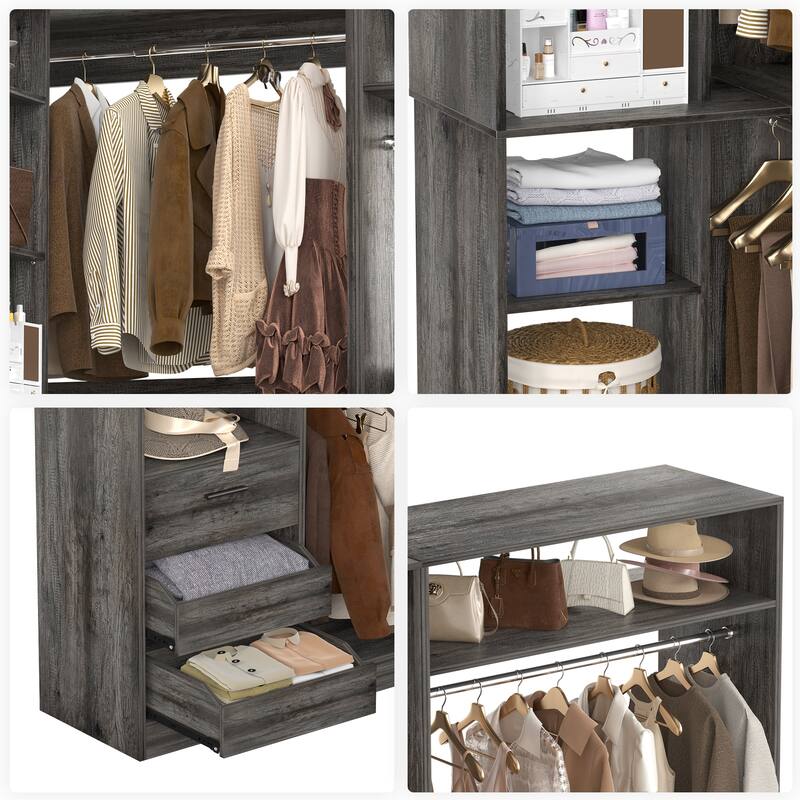 Qvella Set of 2 Corner Closet System, 72'' Wide Walk-in Closet Organizer with Drawers and Hanging Rods and Storage Shelves