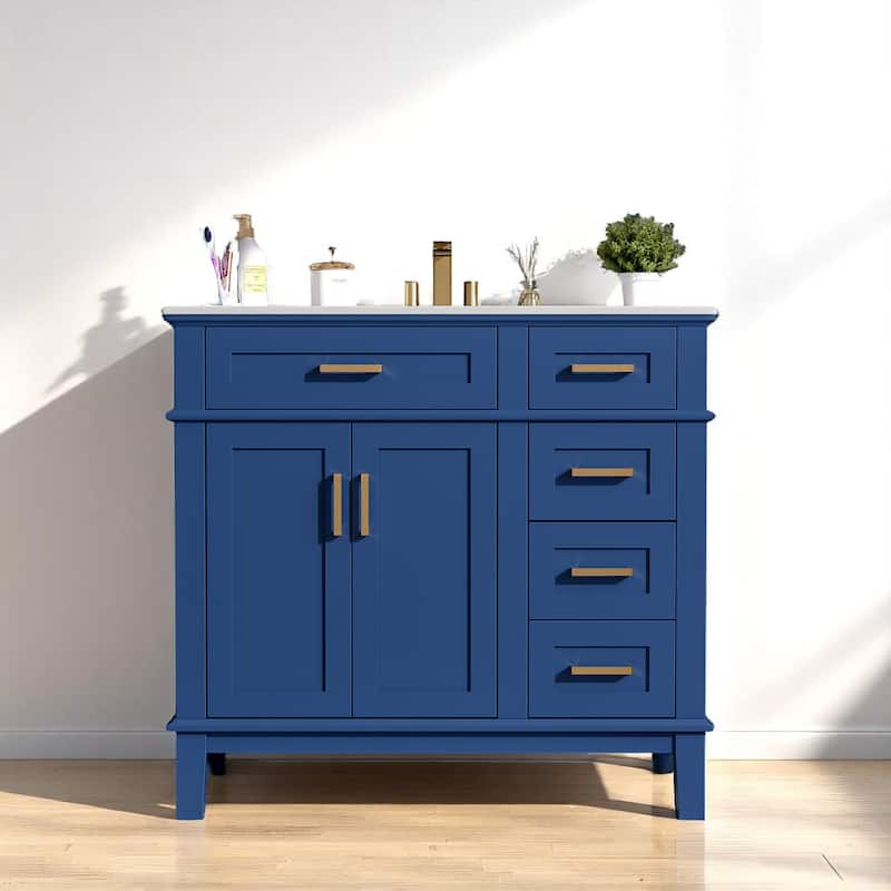 36" Modern Bathroom Vanity with Ceramic Sink, Soft Close Doors, 4 Drawers, Freestanding Cabinet - Blue