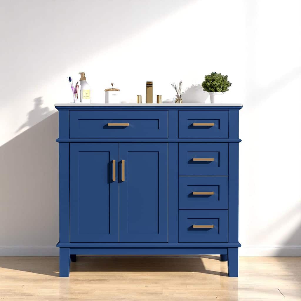 36" Modern Bathroom Vanity with Ceramic Sink, Soft Close Doors, 4 Drawers, Freestanding Cabinet