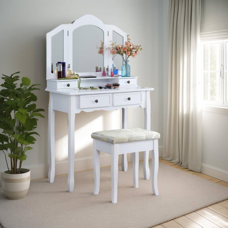 Sanlo Vanity Makeup Set,Includes Stool,Wooden 31.5Inch Vanity Table with 3 Panel Beveled Mirror and 4 Drawers - White