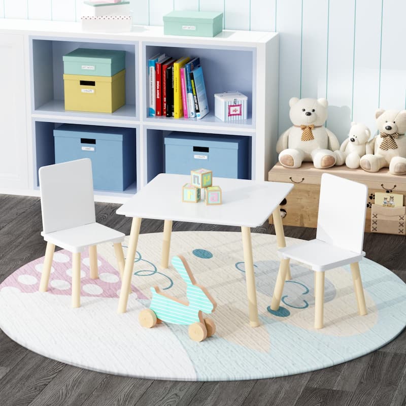 Anmytek Toddler 3-Piece Wooden Table and Chair Set Kids Activity Desk with Animal Backrest for Playroom Nursery - White