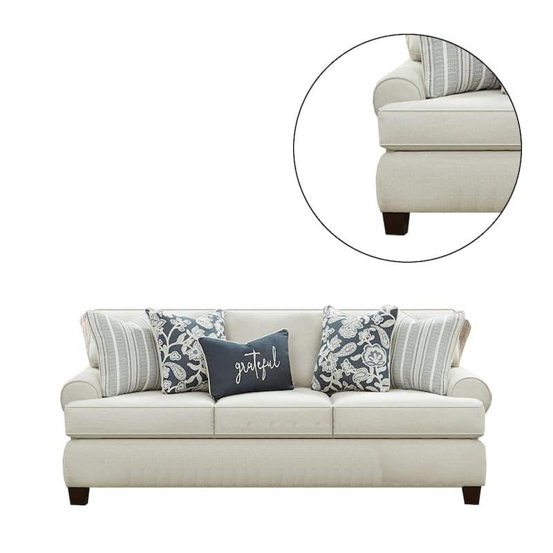 Chenille Upholstered Sofa With Pillows in Ivory Finish