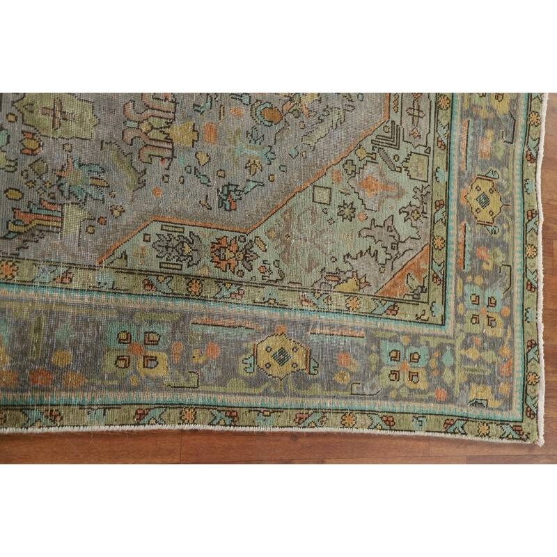 Hand Knotted Oriental 100% Wool Carpet Traditional Medallion Greys & Charcoal Tabriz Area Rug - 9' 9'' X 6' 5''