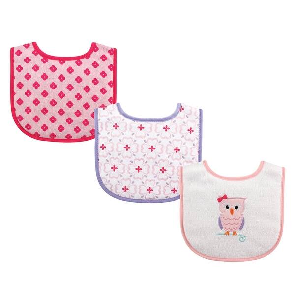 slide 1 of 1, Luvable Friends Baby Girl Cotton Drooler Bibs with Fiber Filling 3pk, Owl, One Size - Owl - One Size One Size - Owl