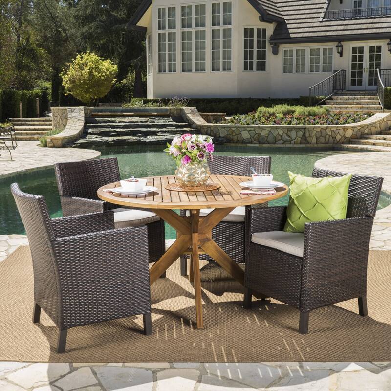 Wes Outdoor 5-piece Round Wicker Wood Dining Set with Cushions by Christopher Knight Home - Brown