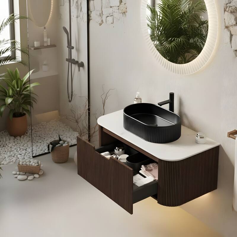 Wall Mounted Bathroom Vanity with Black Oval Ceramic Basin