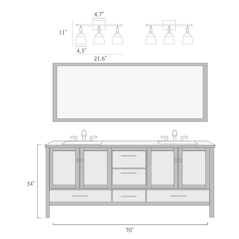 Blobfish Modern Gold 3-Light Bathroom Vanity Lights Glass Wall Sconces - L 21.6" x W 6.5" x H 11"