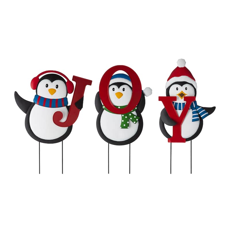 Glitzhome Metal "JOY" Snowman Gingerbread Man Penguin Yard Stake