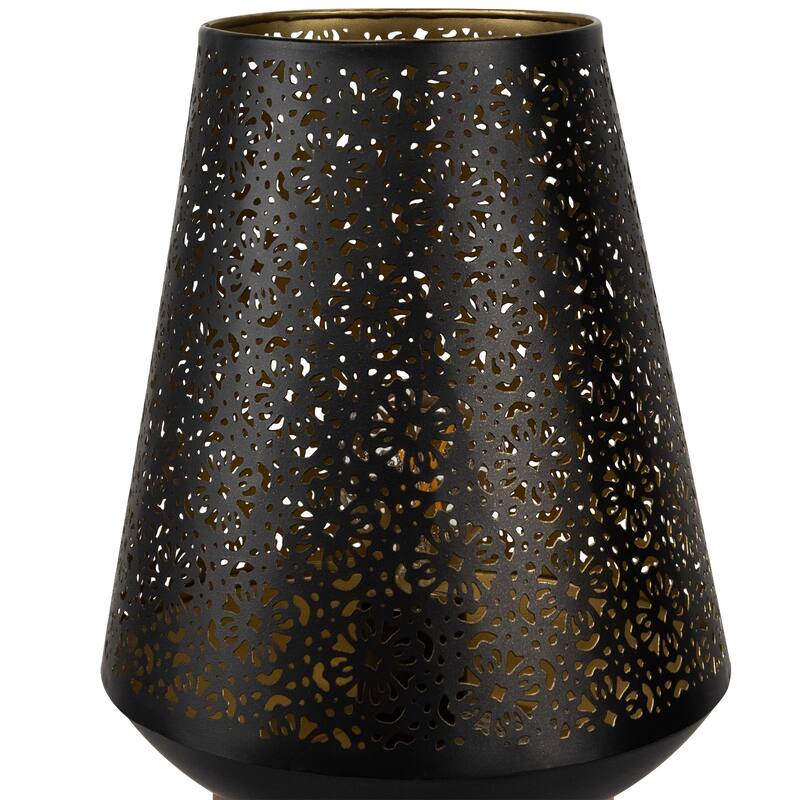 Floral Laser-Cut Table Iron Lamp With Wooden Base - 10.75" - Black