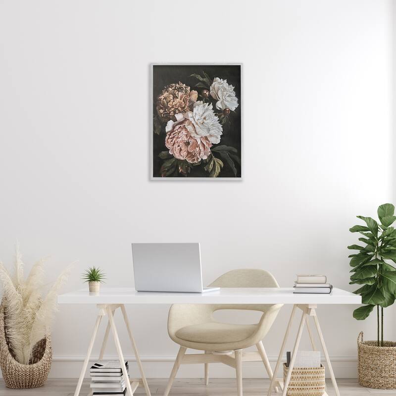 Stupell Moody Peonies on Black Framed Giclee Art Design By Arlington Prints