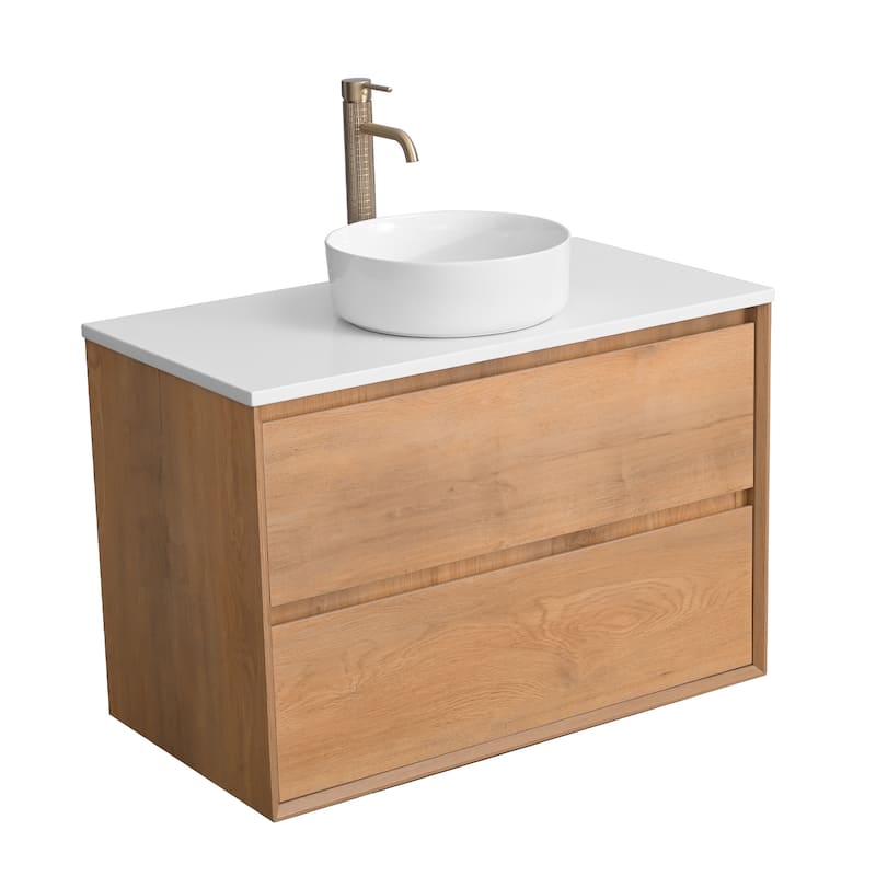 36"48"60"72"84" Floating Bathroom Vanity Quartz Counter Top with Round Ceramic Vessel Sink - Round Sink