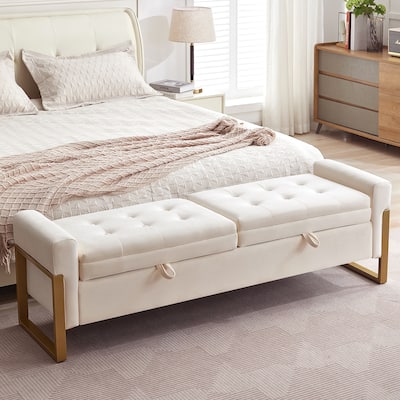 66" Storage Bench King Size End of Bed with Double Lids and Gold Legs