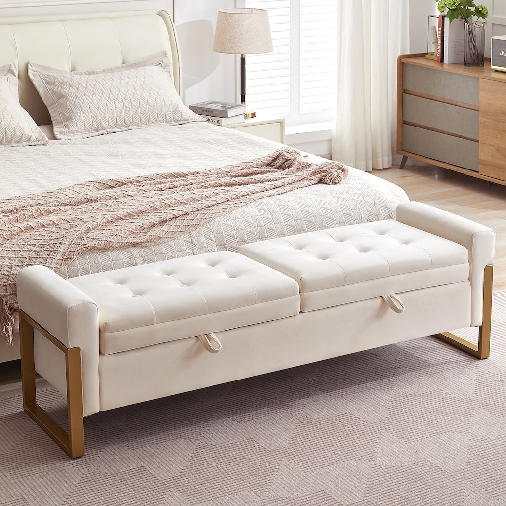 66" Storage Bench King Size End of Bed with Double Lids and Gold Legs