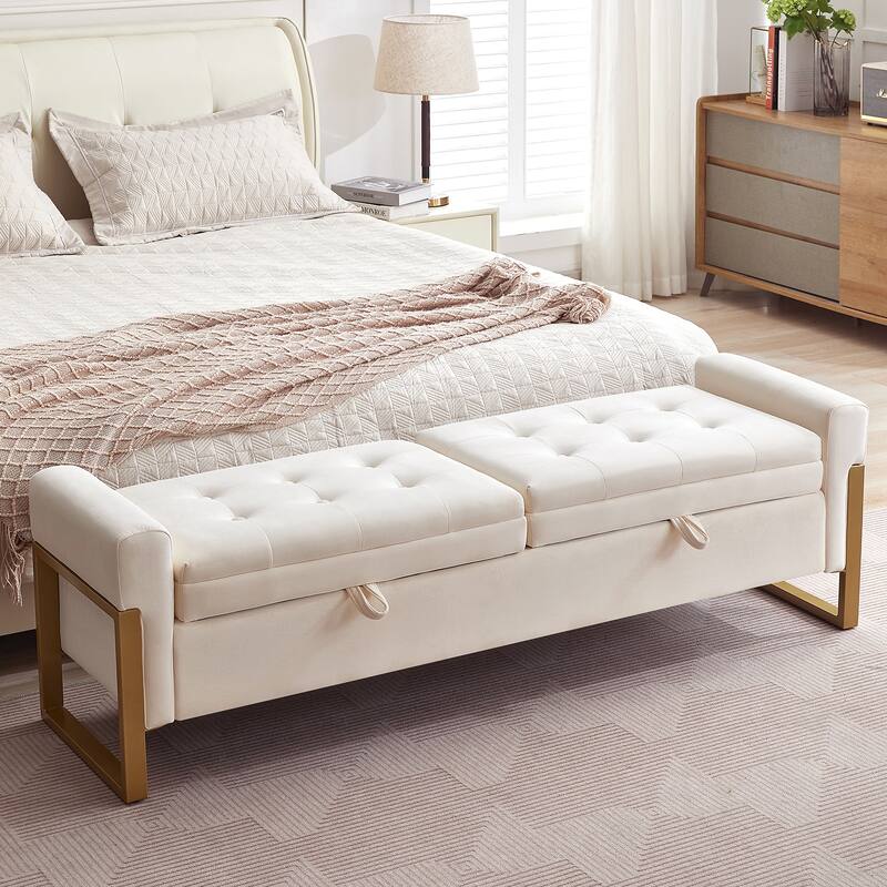 66" Storage Bench for Bedroom End of Bed with Double Lids and Gold Legs - 66"W - Double Lid - Cream - Velvet