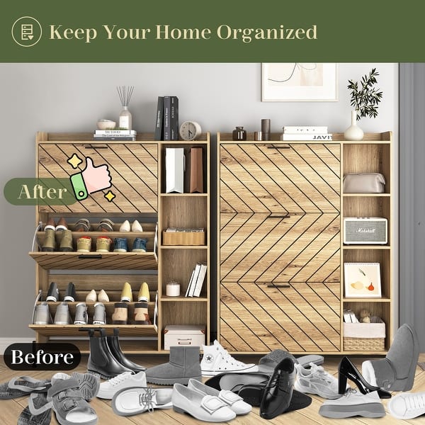 Narrow Shoe Storage Cabinet With 3 Flip Drawers, Farmhouse Flut