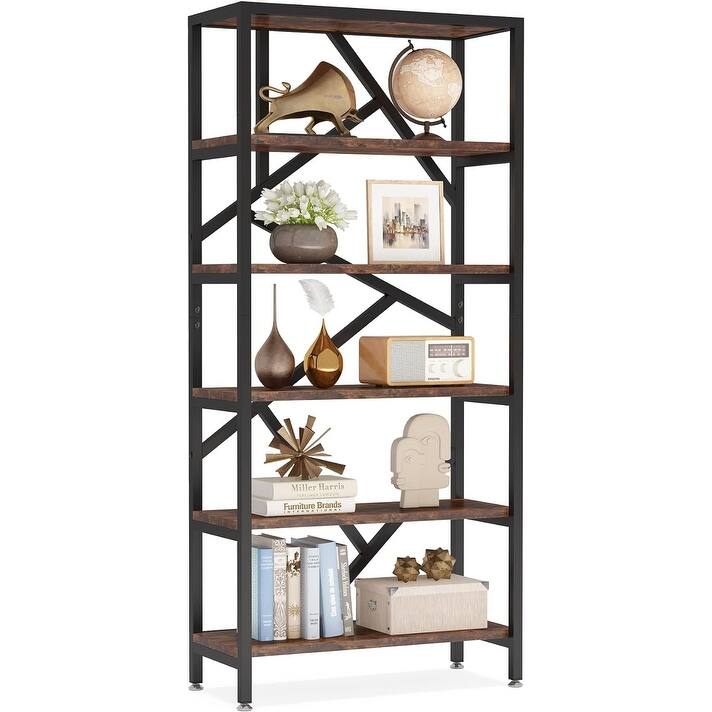 71" Industrial Bookshelf, 6 Tier Rustic Brown Wood Etagere Bookcase, Open Book Shelves