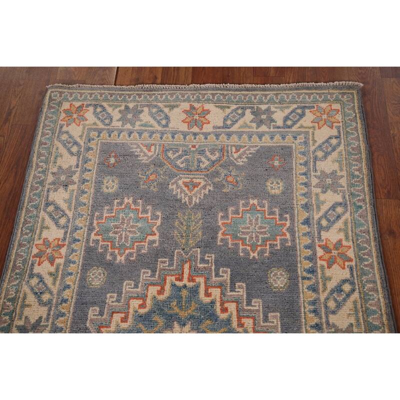 Gray Geometric Kazak Accent Rug Hand-Knotted Foyer Wool Carpet - 2'8" x 4'1"