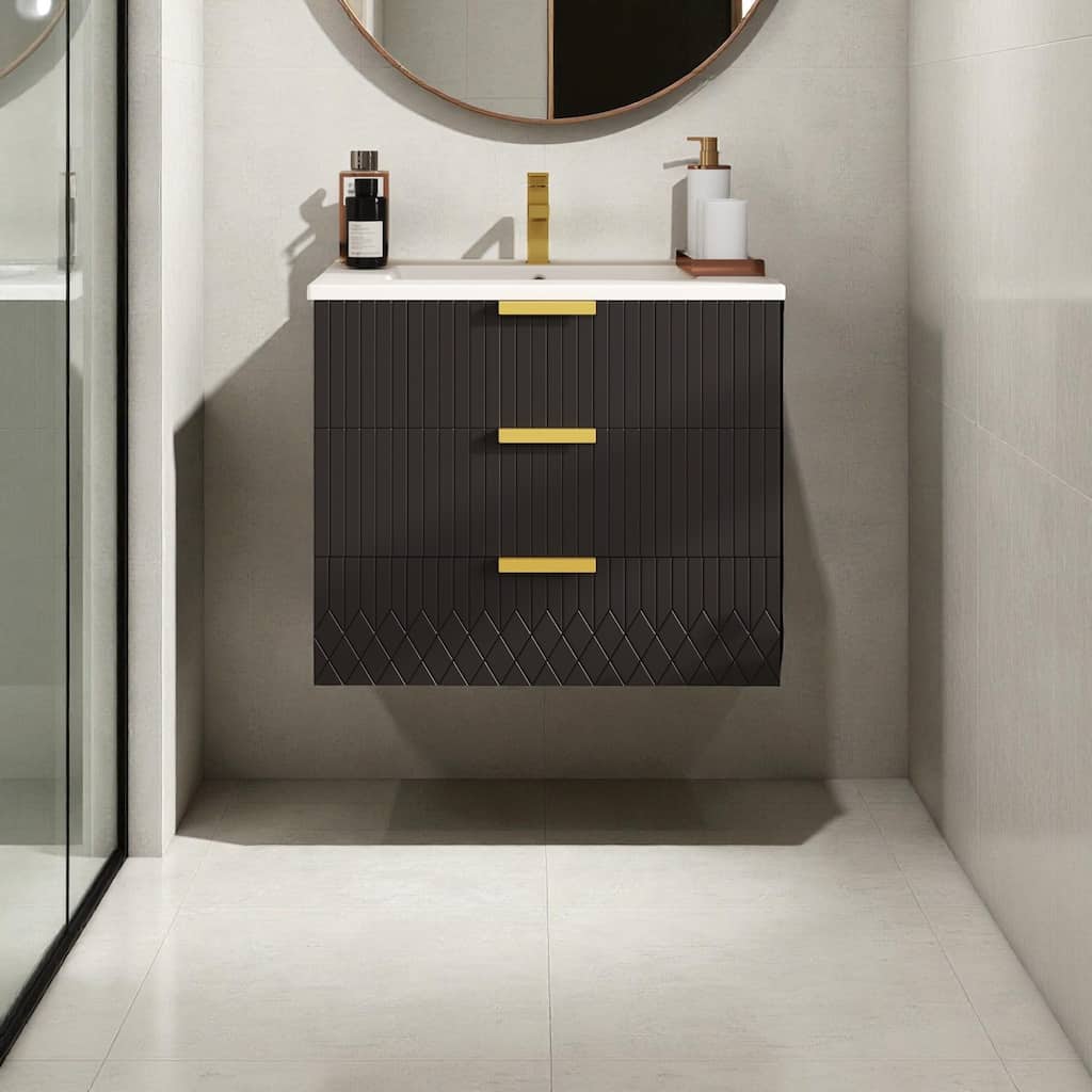 24-Inch Wall Mounted Bathroom Vanity with Sink, Floating Cabinet with Double Drawers and Ceramic Basin