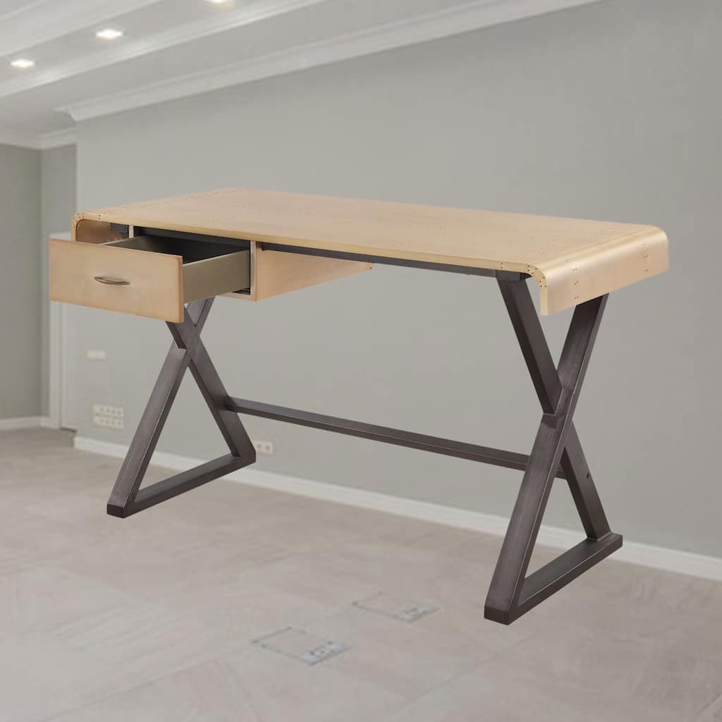 Modern Rectangular Writing Desk with Gold Aluminum Surface and Leather-Wrapped Legs for Stylish Office or Study Workspace