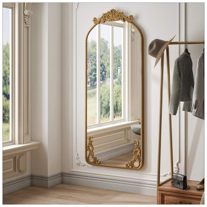 58"x24" Arched Full Body Mirror with Vintage Ornate Carved Applique
