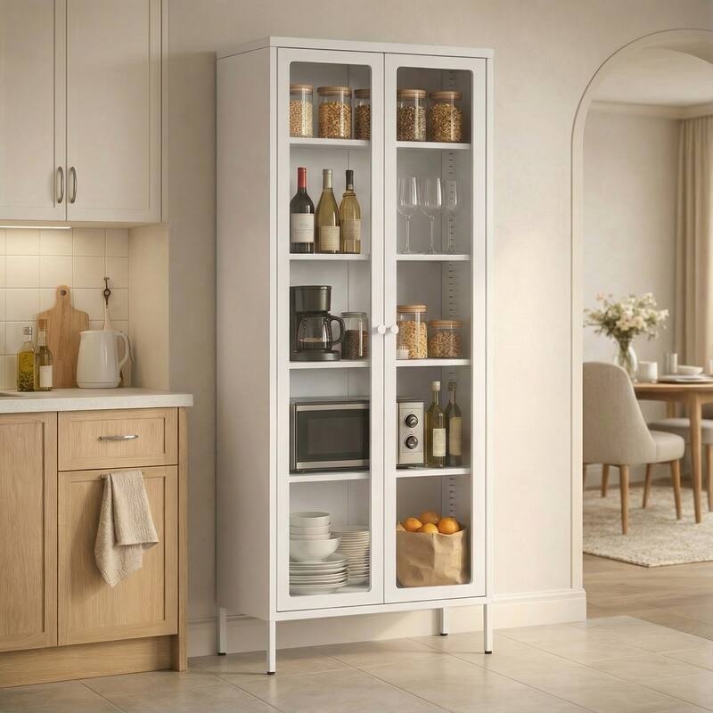 Kitchen Pantry Cabinet Glass Display Storage Buffet Sideboards with Glass Doors and 4 Adjustable Shelves - White
